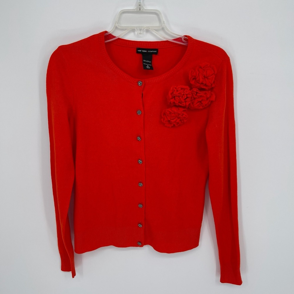 New‎ York & Company Women's Red Floral Rosette Button Front Cardigan Size S